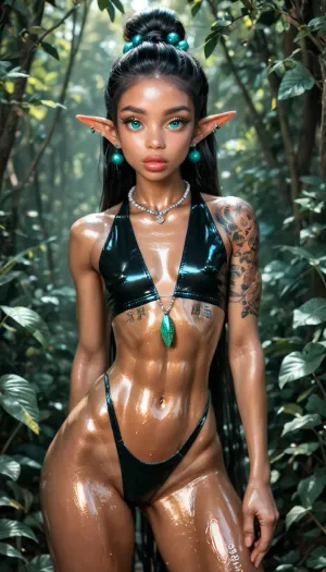 1 girl elf, (big thick lips:1.2), (small thin face:1.3), (long black hair:1.2), (japanese hairstyle:1.3), (long revealing black clothing:1.3), (tanned skin:1.2), (dimples), (very long thick eyelashes:1.2), (teal eyes:1.3), (oiled skin:1.2), (athletic body:1.3), collarbones, (multiple big teal necklace:1.3), (teal earrings:1.3), (sexy tiny breasts and belly:1.3), (small waist:1.2), (small erect nipples:1.3), (bubble butt:1.3), (thick thighs:1.4), (long legs:1.4), (multicolour hair:1.2), (beads in hair:1.3), (nude:1.3), (full body view:1.2), (full body tattoo:1.5), (piercing:1.2), (perfect eyes:1.2), 8k, forest
512/3000
