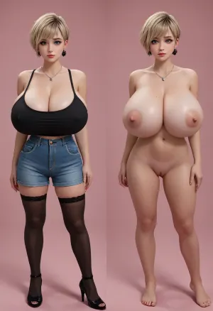 (masterpiece, ultra-detailed, best quality), photo-realistic, hyper-realism, clear image, detailed face, full body shot, cute, pretty, 21years old, Stupid girl who likes to masturbate.Japanese girl standing, (strait-on, frontal body), look at viewer, black clean eyes, naked, barefoot, round face, blonde hair, pixie-cut, bangs, (black skin, flashy makeup, hourglass body, tiny waist, big ass, gigantic natural breasts:1.5), wet pussy, dripping love juice, (same person, same pose, same angle), (2Split screens, 2split views, onoff:1.2), (wearing tight black tank-top and shorts and fish-net stockings and high-heels.extremely earrings, necklace), (simple light-blue and pink background), BREAK, <lora:OnoffXL_ExtraCrispy:.7>