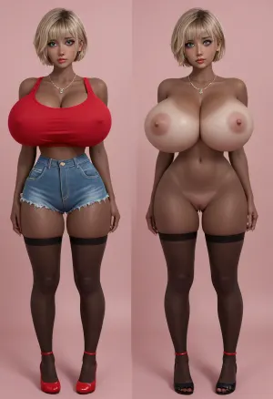 (masterpiece, ultra-detailed, best quality), photo-realistic, hyper-realism, clear image, detailed face, full body shot, cute, pretty, 21years old, Stupid girl who likes to masturbate.Japanese girl standing, (strait-on, frontal body), look at viewer, black clean eyes, naked, barefoot, round face, blonde hair, pixie-cut, bangs, (very black skin, flashy makeup, hourglass body, tiny waist, big ass, gigantic natural breasts:1.5), wet pussy, dripping love juice, (same person, same pose, same angle), (2Split screens, 2split views, onoff:1.2), (wearing tight red tank-top extreme cleavage and shorts and fish-net stockings and high-heels.extremely earrings, necklace), (simple light-blue and pink background), BREAK, <lora:OnoffXL_ExtraCrispy:.7>