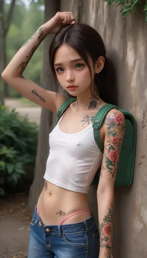 young Chinese girl, 18yo, (natural petite cutie:2.5), petite, cute girl, long hair, bangs hair, toned thighs, big ass, curvy, (her body covered with tattoos:2), leaning against a wall, ((fucked from behind deep)), standing doggystyle fuck, girl covered in cum, cum on ass, red ass, round belly, cute round face, colombian face, latina face, thick eyebrows, detailed face, tanned face, tanned skin, wearing silk tank top, detailed tank top, cleavage, girl wearing half down pants, girl detailed denim pants, wearing pink string panties, detailed pink thong, wearing small backpack, school backpack, detailed petite body, deep ass fuck, rough sex, face pushed into wall, hair pull, cock, crying, running makeup, ruined makeup, scared