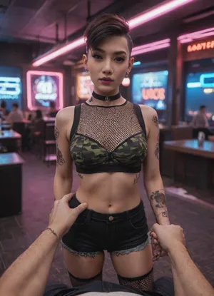 score_9, score_8_up, score_7_up, (UHD 8K, masterpiece, best quality, maximum details, night time, extreme realism, cinematic still), (neon lights), (((Asian))), beautiful 21 years old asian girl, (nightclub), black hair, (((undercut hair))), short hair, brown eyes, pointy breasts, (mesh crop top), green camo bikini top, (leather booty shorts), fishnet thighhighs, black combat boots, leather choker, skinny, pale skin, ((tattoos)), ((purple lipstick)), black manicure, black pedicure, standing, angry, (muscular man), (grabbing another's hand), (pov)