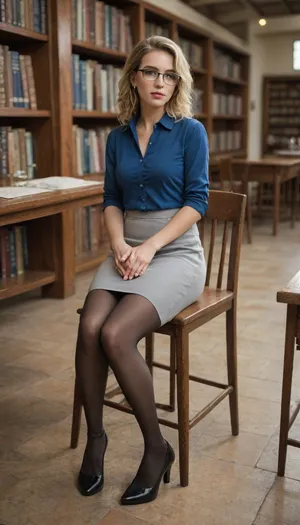 blonde librarian sitting on a chair in a municipal library, glasses, pervenche blue shirt, gray pencil skirt, black pantyhose, black italian shoes