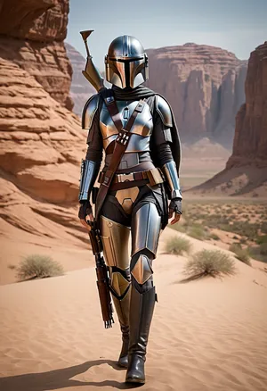 Uber realistic, 8k, ultra detailed, masterpiece, Star wars female, mandalorian, hair with a long braid, grey armor, black belt, black boots, grey mandalorian helmet, full Body Photo in sci fi setting, Future, Star wars, pussy, exposed, (pussy in view), (exposed pussy), (show pussy), bottomless, nude