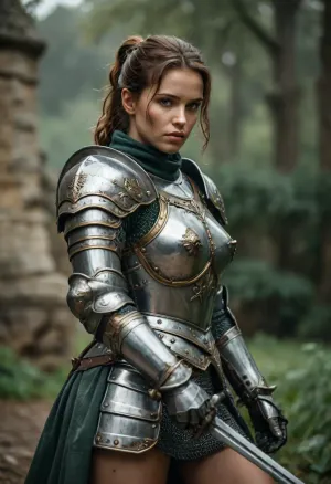 1girl, best quality, ultra-detailed, masterpiece, finely detail, highres, 8k wallpaper, sexy heavily armored european knight with massive tits and a slim waist plus thick thighs, elegant posture, dynamic pose, dynamic angle, dark fantasy, rembrant lighting, highly detailed castle overgrown with vegetation in the background, a confident plus dominant aura and demeanor, athletic body with tight abs and toned muscles, heavy weighty metal armor thats worn from battle, belts and straps, metal armor plating, metal breastplate, large metal gauntlets, large metal pauldrons, medieval knight with heavy armor, bulky thick armor, dimly light, soft gentle lighting, chain accessories, extremely detailed face with a strong jawline plus defined cheek bones plus freckles and beauty marks, stunningly beautiful face with a intoxicatingly seductive and aroused expression, radiating powerful sexual energy, overcast and rainy, 25yo woman, cute tight ass, thick heavy metal tassets, big bow in ponytail, chainmail skirt, green velvet underdress, holds a sword, <lora:498614_training_data:.5>, <lora:tbh71-sdxl:.5>