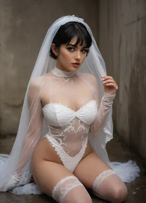 a 35mm film camera image of a white curvy Iranian bride in Lying in the dirty atmosphere of urban sewage, pose like fashion model, black sleek hair, black hair, bride wear white slutty bodysuit, and sheer wedding dress, white, thigh highs, (short, hair:1.7), hair, on, one, eye, frills, puff, sleeves, (white, bridal, dress, veil:1.5), <lora:Nier_Automata_2B_White_Wedding_Dress_Bride_Cosplay_Realistic_LoRA:.4>