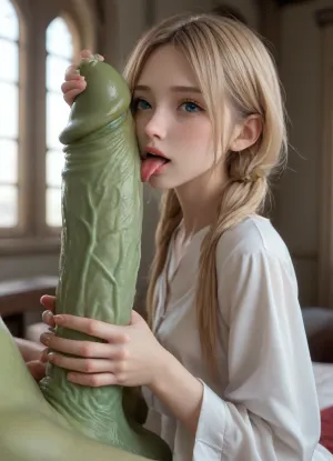 (giant green goblin), with, (giant green veiny cocks:1.6), ((skinny scandinavian princess)), in her bedroom, (licking cocks:1.7), (long blonde tall pigtails:1.4), ((skinny butt:1)), ((skinny legs:1)), full body. a second man with a massive cock is fucking her pussy