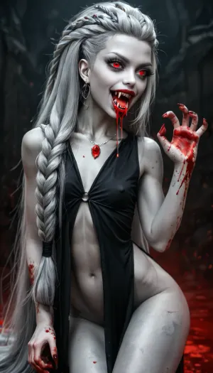 1 girl vampire, (showing long vampire fangs:1.4), bloody hands, (big thick lips:1.1), (blood dripping from mouth:1.3), (small thin face:1.3), (silver hair:1.2), (extremely long hairstyle:1.3), (long revealing black clothing:1.2), (grey skin:1.3), (dimples), (very long thick eyelashes:1.2), (red eyes:1), (fit body:1.2), collarbones, (multiple big red necklace:1.3), (earrings:1.1), (sexy small breasts and belly:1.3), (small waist:1), (tiny erect nipples:1.2), (bubble butt:1.2), (thick thighs:1.4), (long legs:1.3), (multicolour hair:1.2), (beads in hair:1.3), (nude:1.3), (full body view:1.3), (full thigh tribal tattoo:1.3), (piercing:1.2), (perfect eyes:1.4), 8k, undead wasteland at night
512/3000