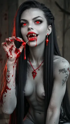 1 girl vampire, (showing long vampire fangs:1.3), bloody hands, (big thick lips:1.1), (blood dripping from mouth:1.3), (small thin face:1.3), (black hair:1.2), (extremely long hairstyle:1.3), (grey skin:1.3), (dimples), (very long thick eyelashes:1.2), (red eyes:1), (fit body:1.2), collarbones, (multiple big red necklace:1.3), (earrings:1.1), (sexy medium breasts and belly:1.3), (small waist:1), (small erect nipples:1.2), (bubble butt:1.2), (thick thighs:1.6), (long legs:1.3), (multicolour hair:1.2), (beads in hair:1.3), (nude:1.3), (full body view:1.3), (full thigh tribal tattoo:1.3), (piercing:1.2), (perfect eyes:1.4), 8k, undead wasteland at night
512/3000