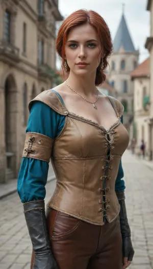 Triss marigold from the Witcher 3, ((tan leather doublet)), ((short blue leather doublet sleaves with pearls lined around the shoulders)), full arm brown leather gauntlets in a Renaissance style, light brown leather paints in a Renaissance style, brown combat leather boots in a Renaissance style