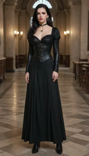 yennefer of vengerberg from witcher 3, black fur around neck, black corset with gold accents, long black leather sleeves. Black leather gloves with gold accents, black long skirt with gold accents, black choker with a pendant around her neck, black long high heels boots, outfit in a Renaissance style