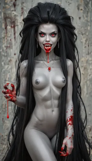 1 girl vampire, (showing long vampire fangs:1.3), bloody hands, (big thick lips:1.1), (blood dripping from mouth:1.3), (small thin face:1.3), (black hair:1.2), (extremely long hairstyle:1.3), (grey skin:1.3), (dimples), (very long thick eyelashes:1.2), (red eyes:1), (fit body:1.2), collarbones, (multiple big red necklace:1.3), (earrings:1.1), (sexy medium breasts and belly:1.3), (small waist:1), (small erect nipples:1.2), (bubble butt:1.2), (thick thighs:1.6), (long legs:1.3), (multicolour hair:1.2), (beads in hair:1.3), (nude:1.3), (full body view:1.3), (full thigh tribal tattoo:1.3), (piercing:1.2), (perfect eyes:1.4), 8k, undead wasteland at night
512/3000