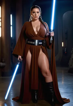 Uber realistic, 8k, ultra detailed, masterpiece, chubby, Star wars female, hair with a long braid, no underwear, brown robes, black belt, black boots, holding White lightsaber in right hand, glowing eyes, full Body Photo in sci fi setting, Future, Star wars, angelawhite, <lora:angelawhite-xl:.5>