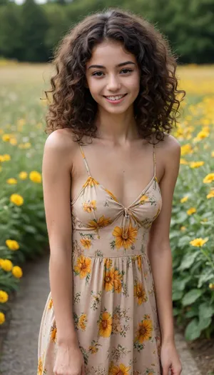 Malay, Girl, 18 years old, black hair, long hair, curly hair, slim, (very skinny), brown colored eyes, marked tan lines, summer dress, bright colour flower dress, perky tits hanging out, perfect small perky tits, pov, grabbing, grabbing tits, few freckles, smiling