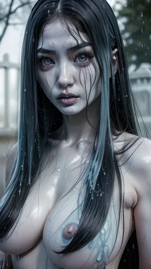 One girl, sexy beautiful Sadako Yamamura, 18 years old girl, black long hair, gray eyes, (Medium build:1.3), (big breasts:1.3), detailed skin, (Pale blue skin:1.4), (hyperrealistic:1.5), sad, Posing for the viewer, (black veins:1.3), Close-up, They look at you with an alluring gaze, Gloomy atmosphere, cemeteries, graves, (wet:1.3), Monster, Style, Sadako, <lora:TheOnryoS-10v7:.7>