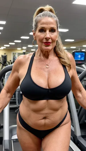 sexy mature, sexy 60 years old, dark blonde, ponytail long wave hair, fat chubby, thick body, very saggy tits, super saggy boobs, huge aureolas, sexy face, looking at the camera, big black eyes, wide jaw, long big chin, glamour, make up, hoop earrings, lipstick, at the gim, workout, very sweaty body, running at the treadmill, back view