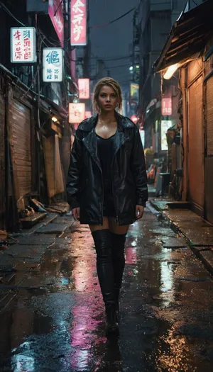 Dark Tokyo slum Alleyway, night time, neon colored lights, led rgb, raining, dark, stormy, puddles, reflections, night, downtown, dirty, sky obscured by tall buildings, photorealistic Scandinavian beauty, walking, perfect figure, realistic detailed face, realistic detailed eyes realistic detailed skin, ultimate realism, detailed