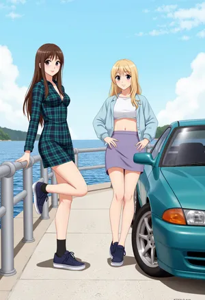 The scene is an anime-style illustration set along a seaside railing, where two young women are leaning casually against the barrier with a modified teal Nissan Silvia S13 parked beside them. The sky is bright and clear, with a slight gradient of blue fading into white near the horizon. The ocean in the background stretches out with gentle waves, and a distant shoreline is faintly visible. The perspective is slightly angled, (showing depth from the car toward the background.

Foreground Elements:1), Two young women with slender physiques and soft facial features are positioned slightly left of center. The woman on the left has long, dark brown hair with bangs, and is wearing a fitted, long-sleeved, knee-length plaid dress in shades of blue and green. She wears dark sneakers with white soles and black ankle socks. Her left leg is bent slightly with her foot resting against the railing. The woman on the right has long, wavy blonde hair cascading past her shoulders. She wears a light blue cropped jacket over a white crop top, along with a high-waisted, lavender mini skirt. Her sneakers are navy blue with white soles and dark laces. Her stance is relaxed, (with one foot slightly ahead of the other.

Background Elements:1), The railing they are leaning on is a metallic structure with cylindrical posts and horizontal bars. The pavement consists of light grey concrete, reflecting a warm hue from the sunlight. The ocean water is a rich blue with lighter highlights, suggesting shimmering reflections of sunlight. The sky is bright and clear, (almost cloudless.

Car Details:1), The teal Nissan Silvia S13 is parked slightly to the right, partially cropped by the frame. It has a lowered stance, pop-up headlights in the down position, and a front bumper with a lip. The wheels are aftermarket, with a deep-dish design and a dark metallic finish. The windows are tinted slightly, (and the side mirrors match the body color. The license plate is visible but left blank in the drawing.

Art Style & Coloring:1), The illustration has a soft, hand-drawn look reminiscent of 90s anime, with delicate shading and a pastel-like color palette. The linework is clean, slightly sketchy but controlled, enhancing the vintage aesthetic. The lighting is soft and natural, with subtle highlights on the characters and car.