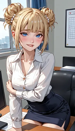 White blonde hair in a bun, blue eyes, office outfit, (giant tits:1), sitting on table, mini skirt, (flushed cheeks, blushing desperately horny:.8), (eye contact, devious expression, lip bite:1.2), gwainsaga, <lora:GwainMod:1.6>, <lora:cartoon_stickers_xl_v1:.5>