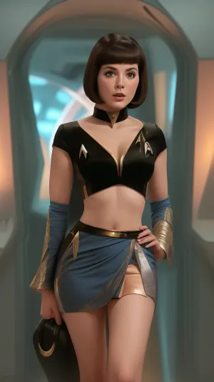 ((60s star trek, full figure, teasing domme, undressing)), i8 year old chinese woman, medium bob haircut, Sexy revealing original star trek uniform skirt, startrektos, uniform, dress, <lora:StartrekTosV3-000028:1>, m1chelley3oh