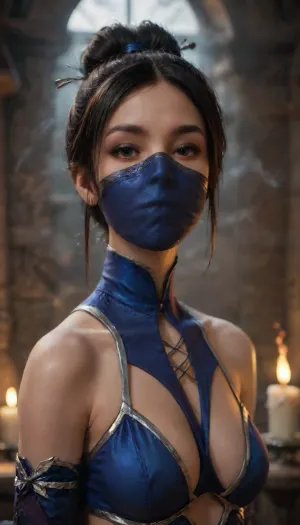 (One young girl), view full body, (Candles burning in the dark in the Shaolin Temple), ("esoteric background of mysterious fog and darkness"), the night is a gloomy fog, (thin), (((hair tied in a bun))), (Kitana Mortal Kombat), (best quality), (mask covers nose and mouth:1.3), (exotic outfit style mortal Kombat), realistic proportions, beautiful girl, ((very thin)), ((narrow cheekbones)), (narrow face), (makeup:1.3), (ultra realistic photography), (maximum photo quality), (high resolution photo), (extremely detailed), (ultra realistic), perfect body symmetry, symmetrical eyes, (perfect eyes), (looking into the camera), (masterpiece), ultra realistic, super detailed, complex details, (Visual contrast), focus clarity, high resolution, 8K UHD, (photorealistic:1.4), (depth of field), <lora:mk kitana:.6>, <lora:192af1bb3d75bab622d76a8c8cf0a0b9:.6>, <lora:Kitana1024:.6>, <lora:nwsj_xl_v2:.4>, <lora:add-detail-xl:1>