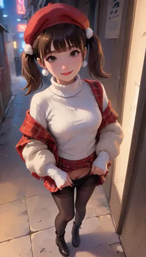(Night), (high angle top view:1.2), a girl at grimy alley entrance, Pull down the skirt, show vagina，, (neon light), Seductive smile, Red plaid wool skirt, white turtleneck sweater, black tights, dark brown ankle boots, red beret with white pompom, plaid scarf with fringe, white knitted mittens, white faux fur backpack, silver snowflake earrings, two high ponytails with red ribbons, (j_cartoon:1.5), Drawing, <lora:vintage-XL:.4>, <lora:skirtlift_xl:.5>, <lora:MicroSkirt_XL:.5>, <lora:samdoesarts1.1-000030:.4>, <lora:Animated_Concept:.4>