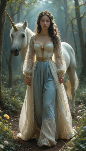 uber realistic image, fullcolor image, full body view, 8K quality, ultra detailed, masterpiece, dark fantasy, night, full moon, many glowing multi-colored flowers, Beautiful French shepherdess, 14th century, very thin figure, large massive breasts, long loose hair, dressed in a peasant dress with open pliches, breasts protrude high from the bodice of the dress, met a white unicorn with a golden horn on the edge of the forest romanticism, whole body in frame, whole body visible, whdbd, blue, dress, jewelry, necklace, bonnet, long, sleeves, bow, lace, trim, frills, pantyhose, <lora:whdbd XL:.8>, <lora:TQ_-_Beauty_and_Unicorn_XL-000006:.8>