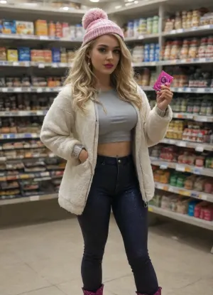 Front view, upskirt view, supermarket, supermarket shemale customer stands in front of shelf with drugstore articles, holding two condom packages in left hand, looking at viewer, tall customer, muscular athletic body, perfectly rounded apple sized sexy ass, (big lateral penis bulge under leggings:1.3), medium sized penis, semi erected penis lays on thigh under leggins, semi erected penis covered by leggings, stunning beautiful face, gorgeous super model face, subtle make up, ful lips, bright red lipstick, blonde hair, (black glitter leggins:1.9), (black leggins:1.3), skintight shiny black leggings, beige camel boots, beige boots, white socks pushed down, jeans jacket, (open jeans jacket:1.3), grey hoodie, jeans jacket over hoodie, hoodie under jeans jacket, (beige pom pom hat:1.3), bobble hat with pom, shiny background, fine art photography lighting, ultra realistic, highly detailed, vivid colors, detailed photo, hdr photo, realistic photo