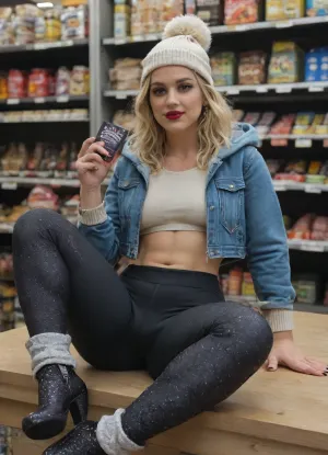 Front view, upskirt view, penis bulge, supermarket, supermarket shemale customer stands in front of shelf with drugstore articles, holding two condom packages in left hand, looking at viewer, tall customer, muscular athletic body, perfectly rounded apple sized sexy ass, (big lateral penis bulge under leggings:1.3), medium sized penis, semi erected penis lays on thigh under leggins, semi erected penis covered by leggings, stunning beautiful face, gorgeous super model face, subtle make up, ful lips, bright red lipstick, blonde hair, (black glitter leggins:1.9), (black leggins:1.3), skintight shiny black leggings, beige camel boots, beige boots, white socks pushed down, jeans jacket, (open jeans jacket:1.3), grey hoodie, jeans jacket over hoodie, hoodie under jeans jacket, (beige pom pom hat:1.3), bobble hat with pom, shiny background, fine art photography lighting, ultra realistic, highly detailed, vivid colors, detailed photo, hdr photo, realistic photo