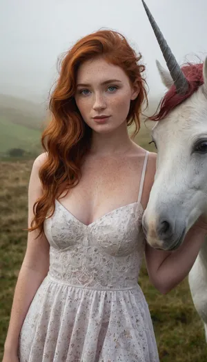 Gorgeous young woman, 20 year old, (The most beautiful volouptous body), redhair, ((sexy thin dress)), (), (irish face), ((standing next to a very realistic unicorn)), (foggy hil background), (freckles:1.3), ((detailed unicorn:1.3)), smile, ((identical eyes)), (best shadow), (()), (perfect iris eyes), (identical eyes), identical eyes, iris eyes, perfect eyes, unaestheticXL_hk1, perfecteyes, <lora:xl_more_art-full_v1:.5>, <lora:add-detail-xl:1>, <lora:lora-sdxl-perfect-eyes:.5>