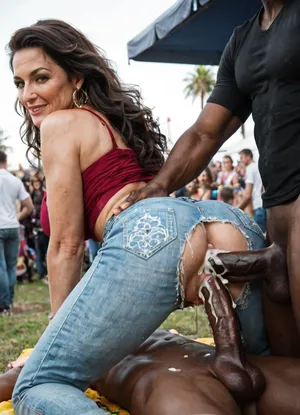 Photorealistic image of interracial sex on a music festival, (music festival), milf are wearing transparent black nylon pants, (creampie:1.5), (cum:1.3), (The background shows a music festival), (many people watching), outdoor, (doggy sex:1.3), (((long cock))), interracial sex, blonde milf, black haired milf, bruenette milf, long hair, (riding cock:1.3), spreading legs, Captured in a wide-angle shot from a distance, crowd in background, horny face, wet pussy, ((with many people in the background)), (position:1.4), detailed eyes, beautiful eyes, beautiful face, (indescent light:1.3), 4k, <lora:add-detail-xl:.5>