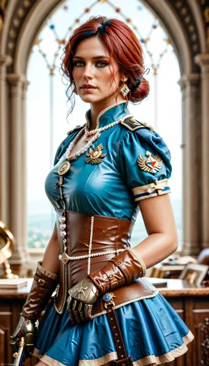 Triss Marigold from The Witcher 3, (tan leather doublet, blue leather doublet short sleeves with pearls around the shoulders, brown leather long sleeve gauntlets in Renaissance style, light brown leather epaulettes in Renaissance style, brown leather combat boots in Renaissance style)