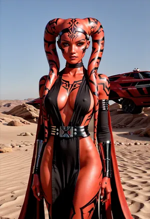 Uber realistic, 8k, ultra detailed, masterpiece, (beautiful_face:1.5), (darth_talon:1.5), star wars, (twilek:1.5), (red_skin:1.5), bald, (large_breasts:1.5), full_body, (head_tails:1.5)