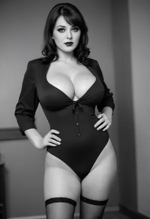 1920s, (female_gangster), beautiful, pinup, vintage, (monocrome:1.8), (low_resolution:1.7), (blurry:1.9), fullbody, vignette, (bottomless:1.9), stockings, (hairy_pussy:1.3), (pinstripe_suit), (black_and_white), fedora, (large_breasts:1.5), chubby