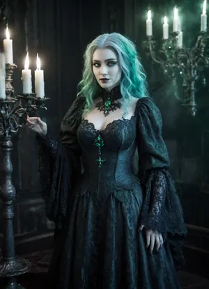 Single Three pronged candle stand lit with green flames in center frame, behind the candelabra is a woman with long pale gray green and blue hair, she is grasping the candle stand with both hands, glowing pale green eyes, she’s wearing a long dark blue dress with a snowflake pattern, pale, skin, novuschroma, style, hkdeath, DonMD34thM4g1cXL, lo, dress, layered, long, lace-trimmed, frills, puffy, sleeves, wide, downsuit, puffer_downsuit, <lora:Pale_Skin_SDXL_v1.0:1.5>, <lora:107_novuschromaSXL_a5:1>, <lora:LivingDeathXL:1>, <lora:DonMD34thM4g1cXL_v3.0-000015:.7>, <lora:493614_training_data:.5>