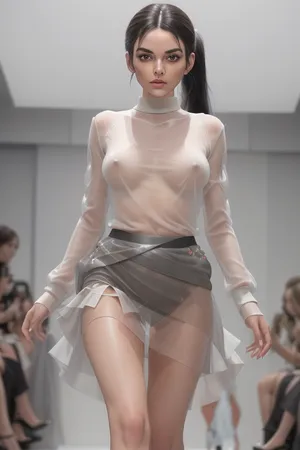 Vogue Runway, Minimalistic full-body shot of a young, pretty woman with black hair in a ponytail, wearing an long-sleeved, tight-knitted transparent white top and a short skirt decorated with silver pearls, (walking on the runway in the style of Vogue), (nipples:.8), see, through, prominent, nipple, <lora:see_through_V1:.5>