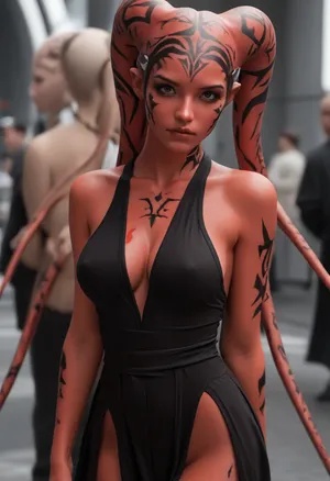 Uber realistic, 8k, ultra detailed, masterpiece, (beautiful_face:1.5), (darth_talon:1.5), star wars, (twilek:1.5), (red_skin:1.5), bald, (large_breasts:1.5), full_body, (head_tails:1.5)