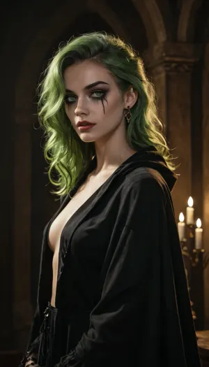 (best quality, award-winning photograph, sharp focus), A gothic-inspired portrait of a woman with long, emerald green hair cascading over her shoulders. Her pale skin contrasts with the deep shadows of the dimly lit candlelit room, giving her a mysterious, almost otherworldly presence. Dark smoky eye makeup, a velvet black cloak, and a haunting yet elegant expression. Dramatic chiaroscuro lighting, cinematic depth, gothic fantasy aesthetic

Natural light, 35mm photograph, film, professional, 4k, highly detailed, Golden hour lighting. Depth of field F2. Rule of Thirds Composition