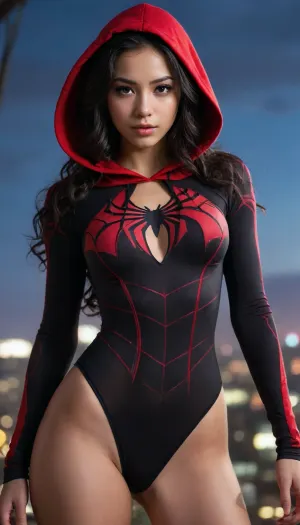 Malay, Girl, 18 years old, black hair, long hair, curly hair, slim, (Anime style), spider, nsfw, (reverse bodysuit), (torn bodysuit:1.3), (bellybutton cutout), spidey suit, (nipples cutout), (vagina cutout), sky background, night time, superhero pose, wears a hooded bodysuit