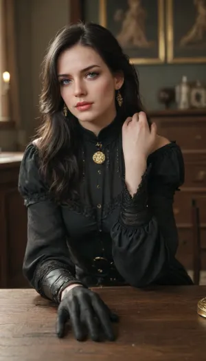 yennefer of vengerberg from witcher 3, black leather doublet with gold accents and fur shoulders in a Renaissance style, long black leather sleeves. Black leather gloves with gold accents, black long skirt with gold accents, black choker with a pendant around her neck, black long high heels boots, outfit in a Renaissance style, close shot