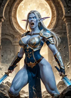 a tall athletic undead very busty elven warrior wearing utilitarian plate armor with no clothing underneath, (extremely long pointy night elf ears), she is slaughtering many orcs, dynamic side view, dynamic action combat pose, stern face, yelling, angry, slim waist, thigh gap, dual wielding elven weapons, icey skin, glowing eyes, blue skin, <lora:788512_training_data:.5>