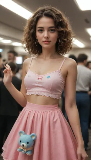 big fan girl in a pink skirt, in the style of rendered in cinema4d, adorable toy sculptures, anime-inspired character designs, yellow and cyan, unreal engine 5, meticulous, object portraiture specialist
