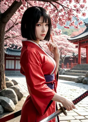 Japanese female warrior with perfect face and body, dark hair, in typical samurai uniform, outdoors, in a Japanese landscape near Mount Fuji during cherry blossom season, with drawn samurai sword in attack position, a samurai sword in her hands, side view, perfect hands, perfect finger, (5 Finger)