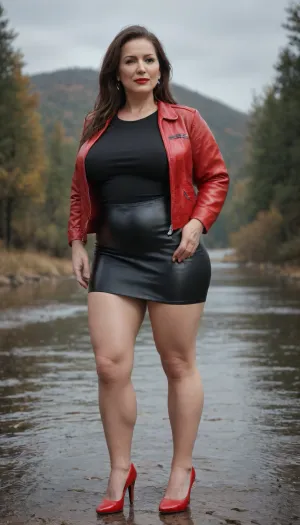 View 1/2 body, soviet mature woman, ((fully dressed)), ((in black skirt, black t-shirt and red leather jacket)), ((dark black long haircut)), 40 years old, perfect face, ((milf:1.4)), blue eyes, makeup, red lipstick, high heels, stands on hill below river, flashes panties, microskirt, extremely, short, skirt, <lora:MicroSkirt_XL:.5>, <lora:580159_training_data:.5>