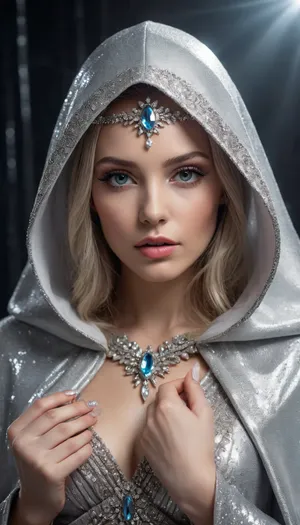 A regal, futuristic woman adorned in an opulent, crystal-encrusted hooded cloak, exuding an ethereal and celestial aura. She is crouched, head slightly bowed, shrouded in shimmering embellishments that cascade over her form. Her face is partially veiled in shadow, with a striking headpiece of crystal shards extending from her forehead like a crown. Her silver, fan-like lashes and subtly glossy lips add to her enigmatic presence. Elegantly poised hands feature long, pointed nails encrusted with dazzling gemstones. Bare legs contrast with the elaborate attire, while high-heeled shoes, wrapped in reflective crystals, shimmer beneath soft, dramatic lighting. A neutral-toned background enhances the futuristic and otherworldly aesthetic. The composition evokes themes of luxury, mystery, and power, reminiscent of a celestial queen from a sci-fi dream world.