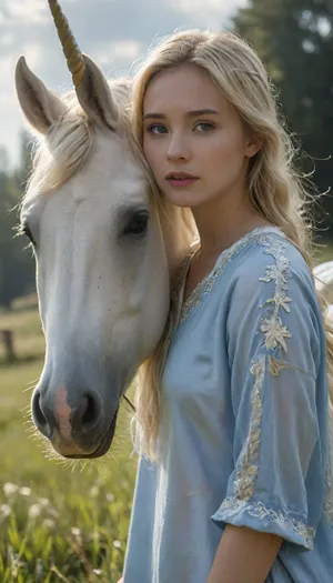 20 years old, 1girl blonde wearing blue tunic with white unicorn horse, cloud, grass, <lora:lora-sdxl-perfect-eyes:.5>, <lora:TQ_-_Beauty_and_Unicorn_XL-000006:.5>