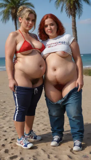 Realistic photo, masterpiece, high quality, hdr, fat, obese, two women game, red hair and blonde, Overweight, Full Beach Uniform, braless, Wearing, clothes, that, make, sense, with, Braless>, (Pubic, belly hairy:1.5), Sneakers, pants down, side view, <lora:bralessSDXL_v1_00022:.5>