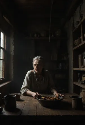 old woman stands at the table, tall, broad shoulders like a peasant's, a hollow stomach, a flabby neck, eyes seem to glow with a yellow light, a sharp tooth sticks out of her mouth, gray hair is braided into thick braids, and bones or sticks stick out of the braids, on her back the hump sticks out, and an owl sits on the hump and also shines with a yellow eye, a peasant's hut, a large stove stands against the wall, smoke billows above the stove, a huge cast-iron pot is in the oven, something is cooking, hissing and bubbling in it, along other walls there are chests and boxes upholstered with iron, shelves with pots and baskets on the walls, bunches of herbs, roots and mushrooms are hung from the ceiling, In the middle of the room there is a large heavy table, <lora:dark:.2>, <lora:dark:.5>