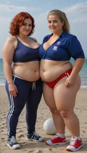 Realistic photo, masterpiece, high quality, hdr, several Sexy 55 year old women, blonde and red, The Beach volleyball gamers wearing scrubs, beach photo, pants down uniform, Beach volleyball gaming, taking photoshoot, sexy body, curves, red hair, red hairy, (red hairy, fat, obese, overweight:1.2), standing spread her legs, full Beach volleyball gamers uniform, no bra, braless, Wearing, clothes, that, make, sense, with, Braless>, side view, Sneakers, (depraved, cinical, no limits, Without complexes, We are open for communication), happy nation, (big company women's, Women's national beach volleyball team:1), <lora:bralessSDXL_v1_00022:.5>