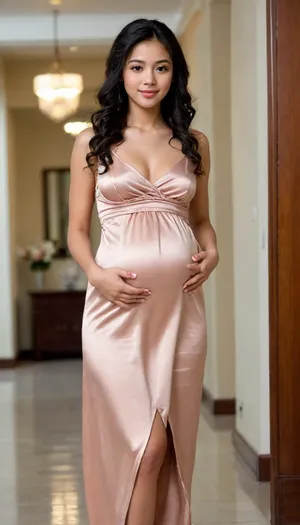 Malay, Girl, 18 years old, black hair, long hair, curly hair, slim, beautiful, sexy, slender with no makeup, Brown eyes, a ponytail, 3/4 view, bare legs, (hands on her stomach), ((full-length sexy satin empire-waist dress)), (3 months pregnant), (swollen belly:.2), barefoot, perfect feet, cute toes, fully clothed, standing