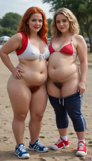 Hardcore porn.Realistic photo, masterpiece, high quality, hdr, fat, obese, two women funny, sexy game, red hair and blonde, Overweight, Full Beach Uniform, braless, Wearing, clothes, that, make, sense, with, Braless>, (Pubic, belly hairy:1.5), Sneakers, pants down, side view, happy, very bright makeup, full red lips, <lora:bralessSDXL_v1_00022:.5>